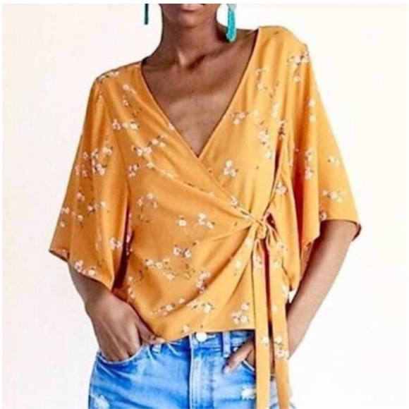 Express Tops - Express Cherry Blossom Floral Kimono Sleeve Wrap Blouse